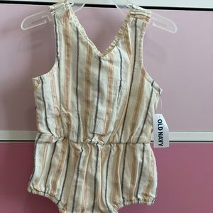 Old Navy Cream Colored With Vertical Stripes Linen Baby Romper, Size 6-12M